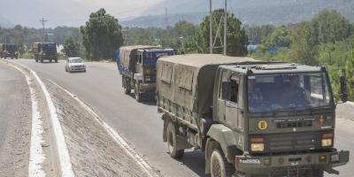 Army trucks move along the Manali-Leh highway, amid border tension between India and China, in Kullu district. Photo: PTI