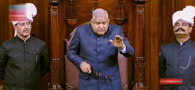 Rajya Sabha chairman Jagdeep Dhankhar in the House on the first day of the Winter Session of Parliament, in New Delhi, December 7, 2022. Photo: Sansad TV Screengrab via PTI