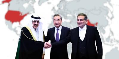 Iran's top security official, Ali Shamkhani, China's top diplomat Wang Yi, and Saudi Arabian national security adviser Musaed bin Mohammed Al-Aiban. In the background is a map if the I2U2 countries. Photo: Twitter.