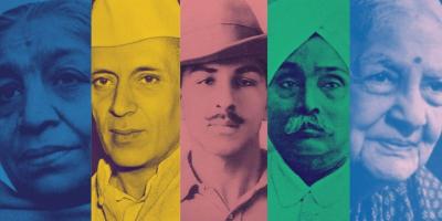 From left, Sarojini Naidu, Jawaharlal Nehru, Bhagat Singh, Lal Bahadur Shastri and Kamaladevi Chattopadhyay. Photos: Wikimedia Commons.