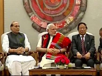 A 2017 photograph of then home minister Rajnath Singh, PM Narendra Modi and T Muivah of NSCN (I-M). Photo: PTI