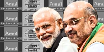 File image of Narendra Modi and Amit Shah. In the background are the logos of Amul and Nandini. Illustration: The Wire, with Canva.