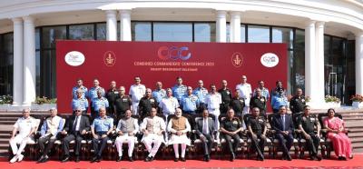 Prime Minister Narendra Modi and Defence Minister Rajnath Singh at Combined Commanders’ Conference in Bhopal on April 1, 2023. Photo: Twitter/@narendramodi