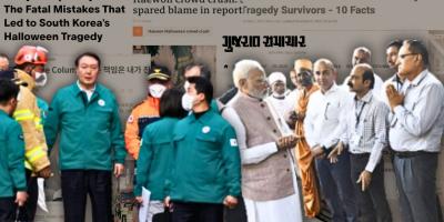 South Korea President Yoon Seokyeol (left) at Itaewon. PM Narendra Modi at Morbi. In the background are news reports on the two disasters. Illustration: The Wire