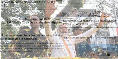 Modi campaigns in Karnataka. Overlaid are screenshots from various news outlets on how much his visits have cost the public exchequer. Photo: Twitter/@BJP4Karnataka.
