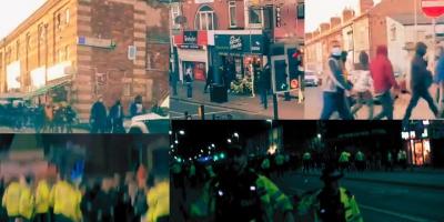 Screenshots of videos uploaded to Twitter, showing violence in Leicester in the UK.