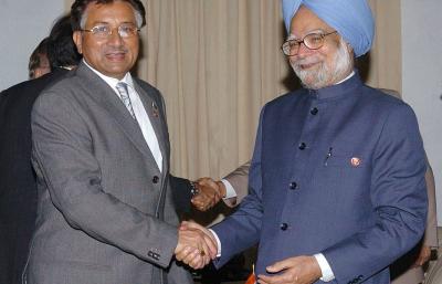 The Prime Minister Dr. Manmohan Singh shaking hands with the President of Pakistan Gen. Pervez Musharraf on the sidelines the XIVth Non-Aligned Movement Summit at Havana, Cuba on September 16, 2006. Photo: Wikimedia Commons.