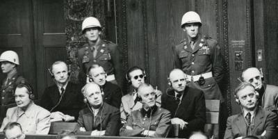 Nazi defendants at the Nuremberg trials. Hermann Goering, Joachim von Ribbentrop and Karl Doenitz are among those present. Photo: Wikimedia Commons/United States Army Signal Corps photographer. Public domain.