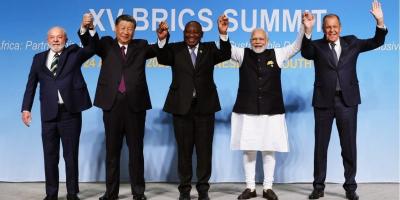 Brazilian president Lula de Silva, Chinese President Xi Jinping, South Africa’s Cyril Ramaphosa, Indian Prime Minister Narendra Modi and Russian foreign minister Sergey Lavrov at the BRICS summit in Johannesburg, South Africa, August 22, 2023. Photo: Twitter/@MID_RF