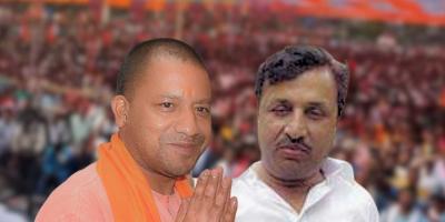 Adityanath and Amanmani Tripathi. In the background is a file image of a BJP rally. Photos: File and YouTube.