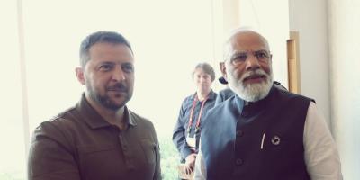 Ukrainian President Volodymyr Zelensky and Indian Prime Minister Narendra Modi meet on the sidelines of the G7 Summit in Hiroshima, Japan on May 20, 2023. Photo: Twitter/@PMOIndia Ukrainian President Volodymyr Zelensky and Indian Prime Minister Narendra Modi meet on the sidelines of the G7 Summit in Hiroshima, Japan on May 20, 2023. Photo: Twitter/@PMOIndia