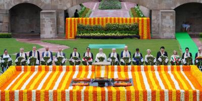 Heads of state of G20 grouping paying tributes to Mahatma Gandhi at Rajghat in Delhi on Sunday, September 10. Photo: X (formerly Twitter)/@g20org 