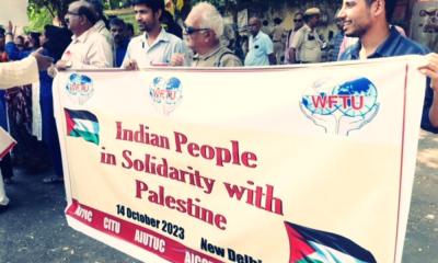 About 150 citizens gathered at Jantar Mantar in New Delhi to protest Israeli atrocities in Palestine. Photo: Rohit Kumar