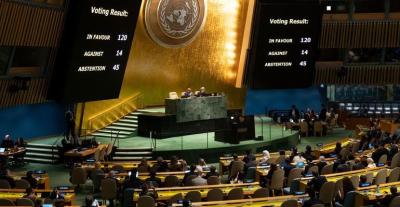 View of the UN General Assembly with the voting numbers displayed. Photo: UN