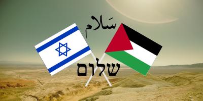 A display of crossed Israeli and Palestinian flags with the word for peace in both Arabic (Salaam) and Hebrew (Shalom). Photo: I, Makaristos/Wikimedia Commons Illustration: The Wire