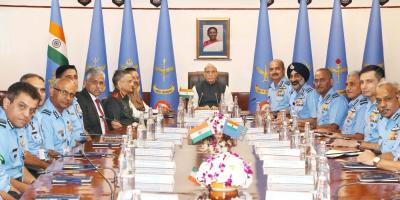 Defence minister Rajnath Singh with CDS Anil Chauhan and Air Chief Marshal V.R. Chaudhari. Photo: X/@HQ_IDS_India