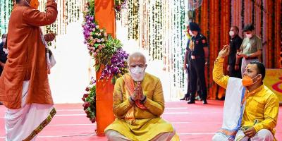 PM Narendra Modi takes part in the bhoomi pujan for the construction of a Ram temple in Ayodhya, August 5, 2020. Photo: PIB