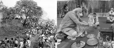 A collage of two images. The first one is a photo of the karsewaks on top of the Babri Masjid minutes before it was demolished by them on December 6, 1992,  in Ayodhya, and the second one is of Prime Minister Narendra Modi at the bhoomi pujan for the construction of a Ram temple on August 5, 2020. Credit: T. Narayan and Wikipedia