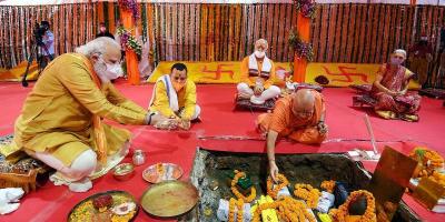 Prime Minister Narendra Modi performing bhoomi pujan at Ram Mandir. Also visible are Mohan Bhagwat and Anandiben Patel. Photo: PIB