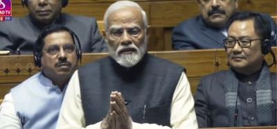  Prime Minister Narendra Modi during 'Motion of Thanks to the President’s Address' in Lok Sabha on February 5, 2024. Photo: X (Twitter)/@narendramodi.