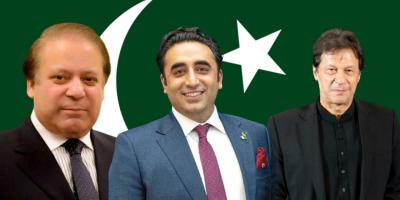 Left to Right: Nawaz Sharif, Bilawal Bhutto Zardari, and Imran Khan. The three are in the race for prime ministership. Photos: Pakistan flag in the background (Wikimedia Commons/Public Domain); Nawaz Sharif (Wikimedia Commons/Z A Balti/Public Domain) Bilawal Bhutto Zardari (Wikimedia Commons/U.S. Department of State/ Public Domain); and Imran Khan (Wikimedia Commons/The White House/Public Domain). 