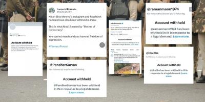 Screenshots showing withheld X accounts. In the background, an image of policemen at Singhu. Photo: Anant Singh Bagga.