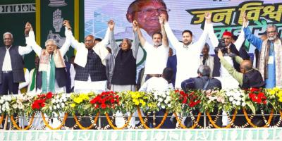 Opposition leaders from INDIA at Patna rally on March 3, 2024. Photo: X (Twitter)/@laluprasadrjd.