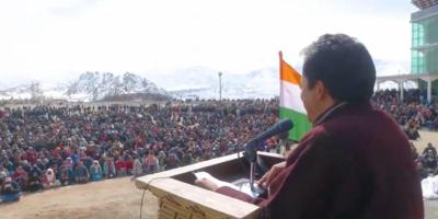 Sonam Wangchuk addressing a rally in Leh on Wednesday. Photo: Screengrab from video