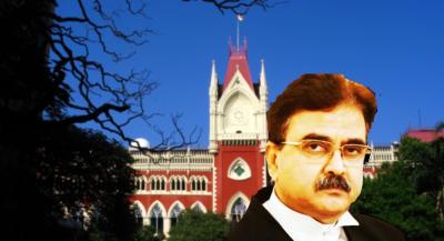 Justice Abhijit Gangopadhyay with the Calcutta high court in the background. Illustration: The Wire