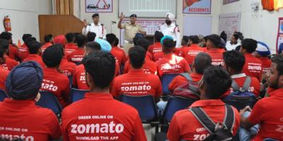 Representative image. Zomato workers participate in a road safety initiative. Photo: Twitter/@ZomatoIN