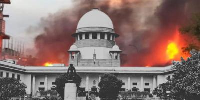 The Supreme Court. In the background is a file image of arson in Manipur. 