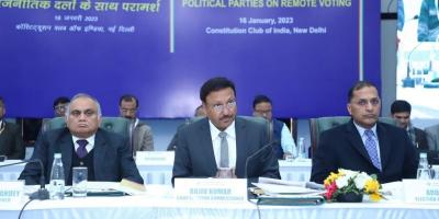 Chief Election Commissioner Rajiv Kumar with other Election Commission of India (ECI) officials at a discussion with political parties in New Delhi on Monday, January 16.   