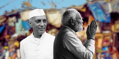 Jawaharlal Nehru and Narendra Modi. In the background is a blurred image of a Mumbai slum. Photos: Wikipedia, official X account, and Adam Cohn/Flickr (CC BY-NC-ND 2.0 DEED).
