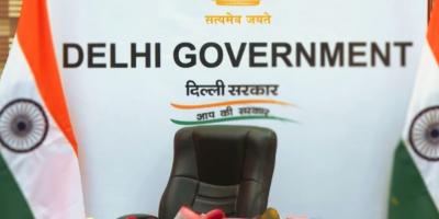 A chair left empty after Delhi minister Atishi held a press conference. Photo: Video screengrab/X/@AamAadmiParty