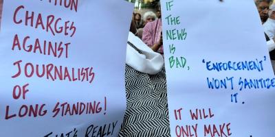 A protest against the Delhi police's swoop on journalists and others associated with NewsClick, at the Press Club of India, October 4, 2023. Photo: Yaqut Ali/The Wire
