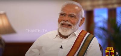 PM Narendra Modi during an interview with Tamil news channel Thanthi TV on March 31. Photo: Screengrab from interview via YouTube. 