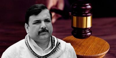 Sanjay Singh. In the background is a gavel pounding a sound block. Photos: X/@airnewsalerts and Canva.