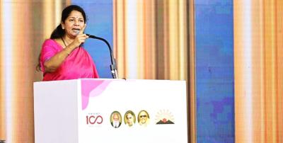 DMK MP Kanimozhi speaks at the women's conference in Chennai on October 14, 2023. Photo: X/@KanimozhiDMK