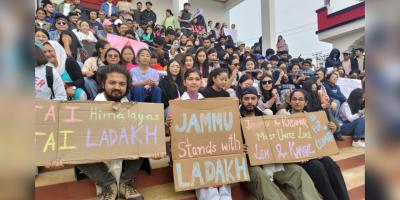 Team climate front with Ladakhi students in a protest march in Jammu.