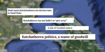 Headlines on Sri Lankan newspapers against a Google Maps representation of the Katchatheevu island. Illustration: The Wire.