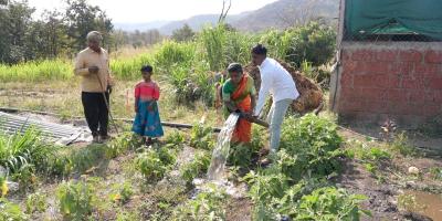 Savitra and her family in Satara village irrigating their land and nourishing their vegetables with water from a solar-powered pump. Photo: Suhail Bhat