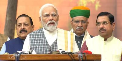 Prime Minister Narendra Modi speaking outside parliament on Monday. Photo: X/@narendramodi