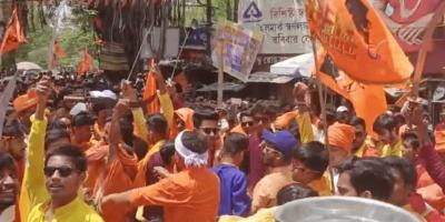 Attendees at a Rampurhat Ram Navami rally brandish swords. Photo: Joydeep Sarkar