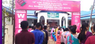 Voters queue up at a polling station in Manipur. Photo: X (Twitter)/@CeoManipur
