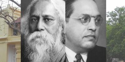 Rabindranath Tagore and Dr BR Ambedkar. In the background is VBU. Photos: File.