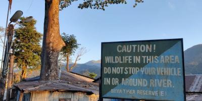 The Bhutiya Basti village in the Buxa Hills and a wildlife warning. Photo: Joydeep Sarkar