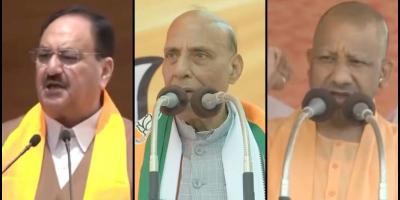 J.P. Nadda, Rajnath Singh and Adityanath campaigning. Photos: Screengrabs from videos on X
