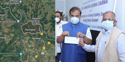 The town of Karimganj on Google Maps. On the right is an image posted on X (then Twitter) by the CMO Assam's official handle, showing Himanta Biswa Sarma accepting a COVID vaccine donation from MK Yadava.