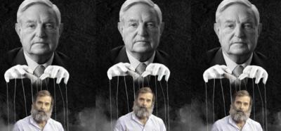 BJP’s poster of billionaire philanthropist, George Soros as a puppeteer, with purported strings controlling Congress leader and MP, Rahul Gandhi. 